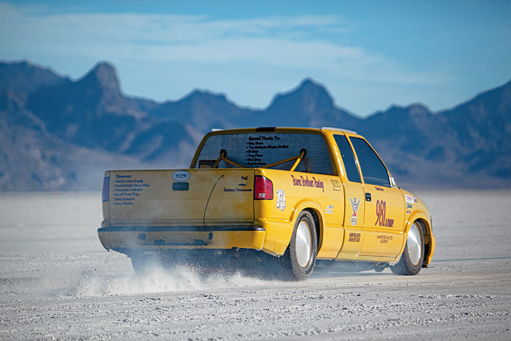 Pick-up trucks like Burns Racing’s GMC Sonoma, above, run on the same 5-mile course as jet-powered cars.