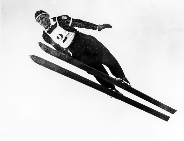 Corey Engen competes in ski jumping at the 1948 Olympics. Photo by J. Willard Marriott Library