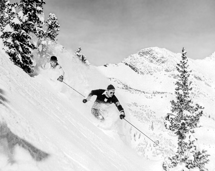 At left, Alf Engen and son Alan ski at Alta in 1949. Photo by J. Willard Marriott Library.